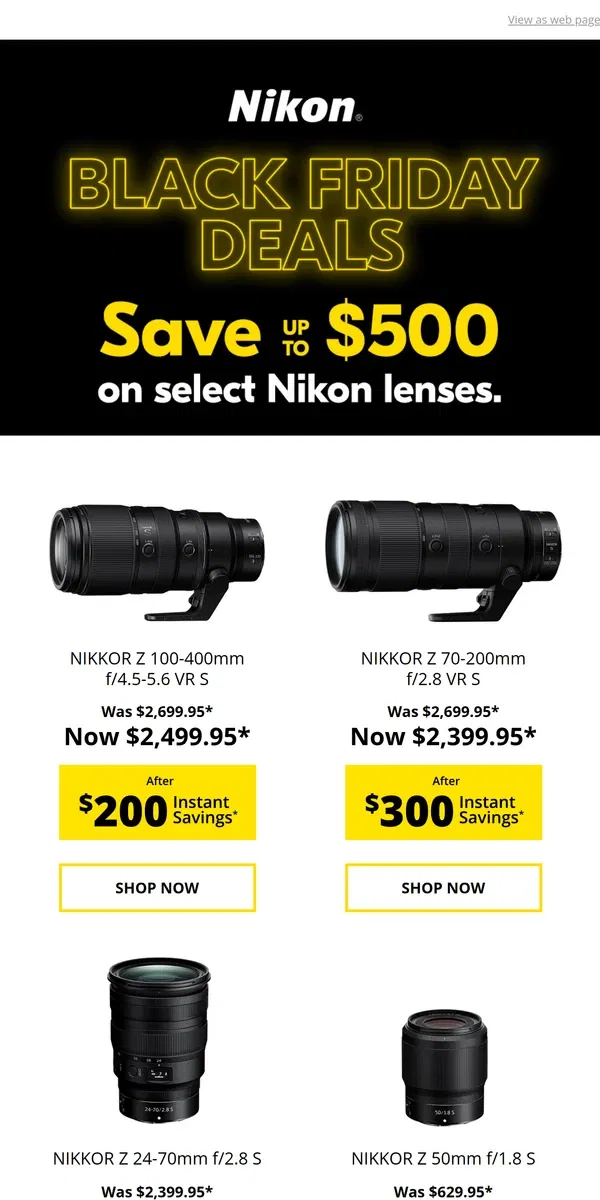 Email from Nikon. Save up to $500 on select Nikon Lenses