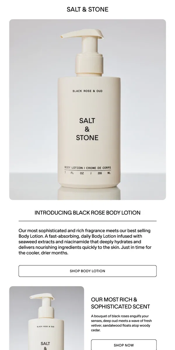 Email from SALT & STONE. Introducing The Black Rose Body Lotion 🥀