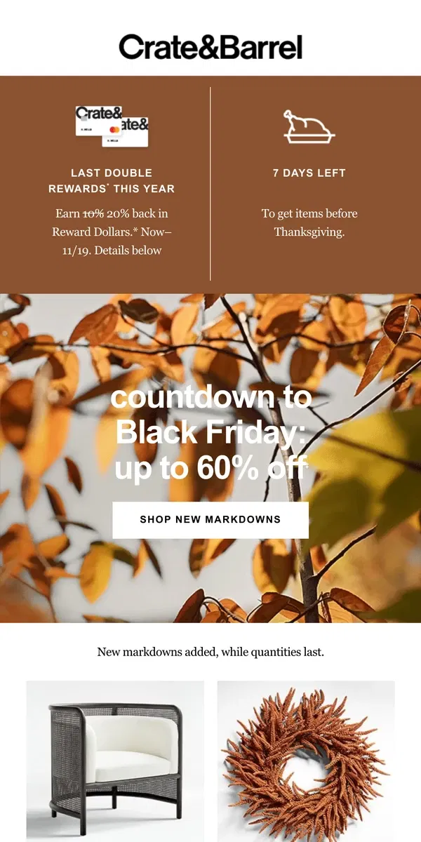 Email from Crate & Barrel. Grab up to 60% off NOW! Pre-Black Friday deals →