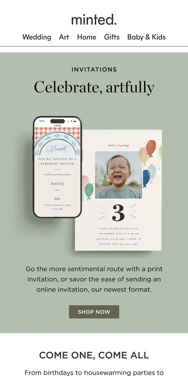 Email from Minted. Hosting a birthday? Reunion? Brunch?