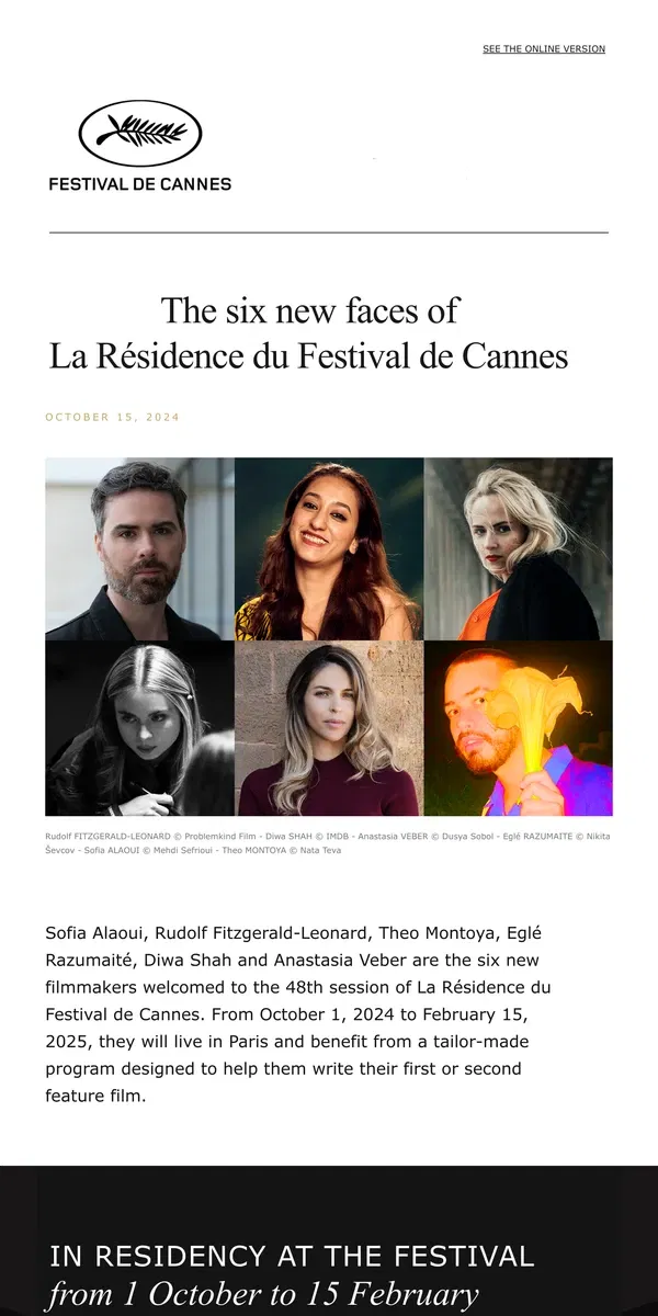 Email from Festival de Cannes. The six new faces of La Résidence du Festival