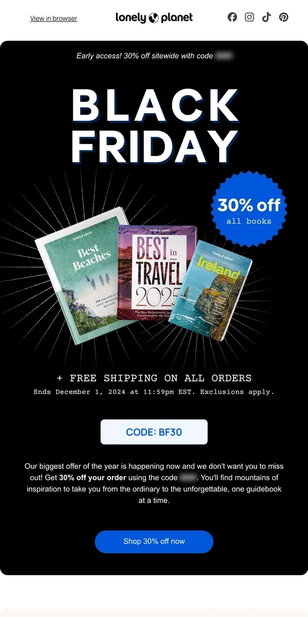 Email from Lonely Planet. Early access: 30% off all guidebooks