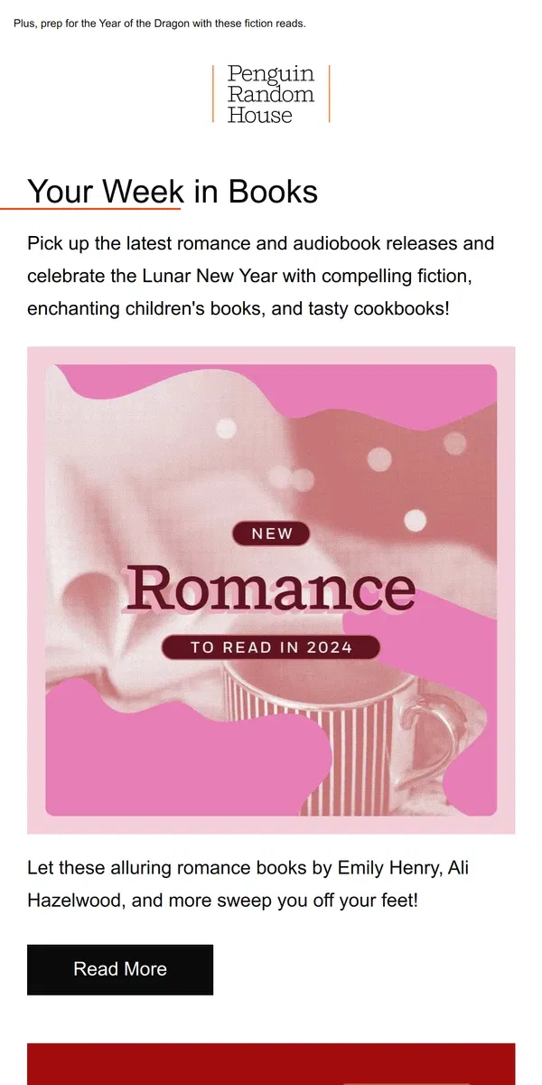 Email from Penguin Random House. Your Week in Books: Spy Novels Like "Argylle" and New Romances