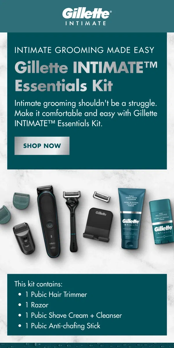 Email from Gillette. Introducing: Gillette INTIMATE™ Essentials Kit