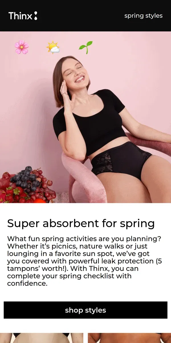 Email from Thinx. Made for your spring to-dos 🌸