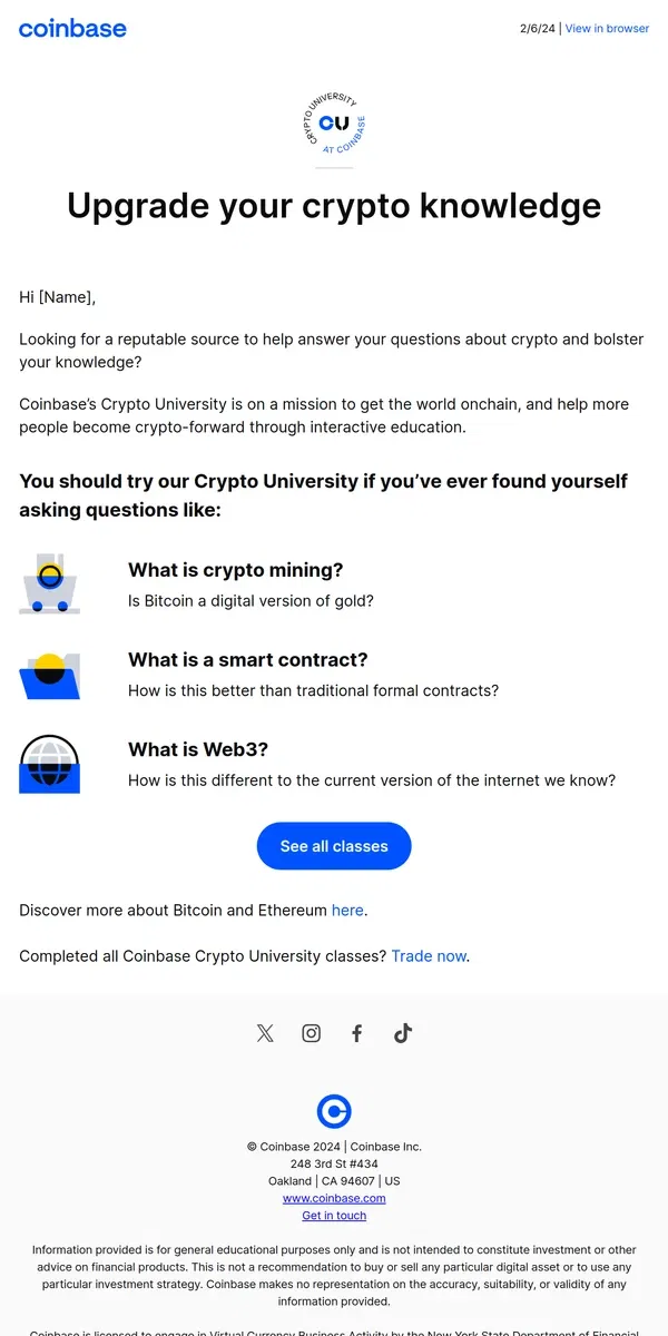 Email from Coinbase. Supercharge your crypto knowledge