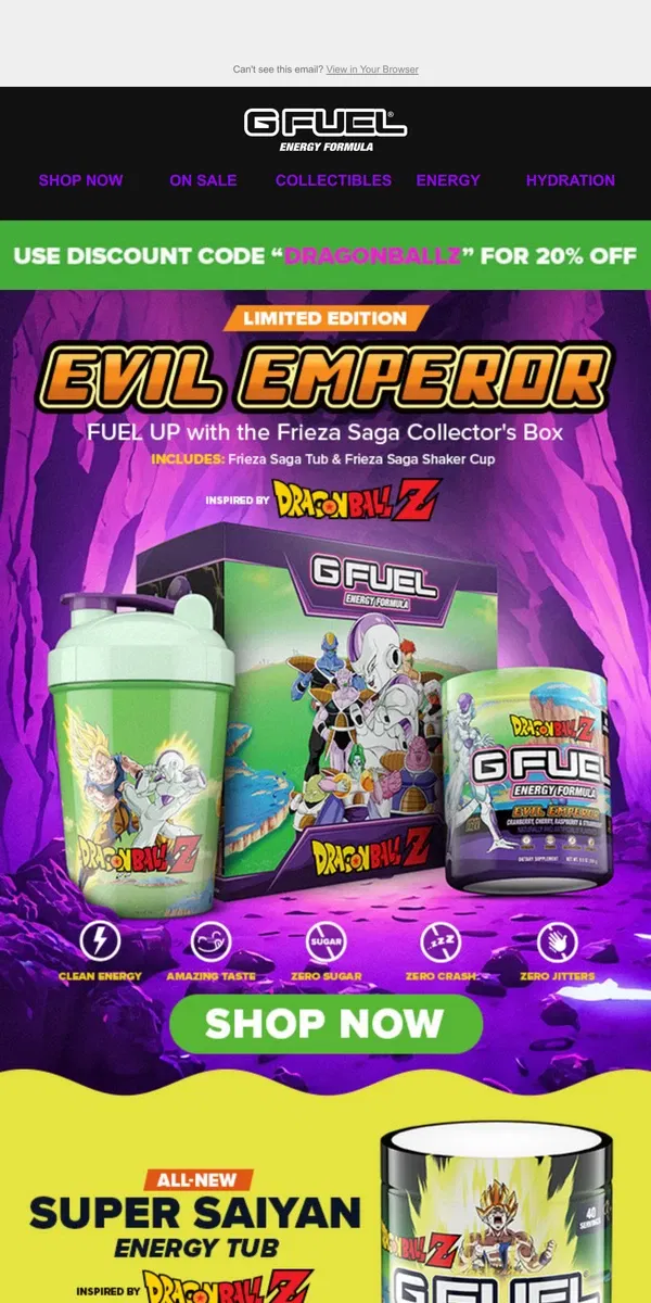 Email from G FUEL. Now Launching a Limited-Edition Collection... Inspired by Dragon Ball Z 🍋✨