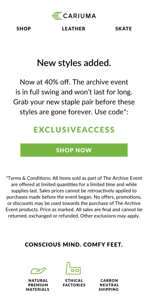 Email from Cariuma. Fan Favorites | The Archive Event