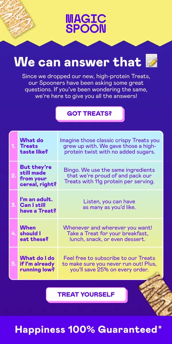 Email from Magic Spoon Cereal. Q&A: Magic Spoon Treats! 🤔