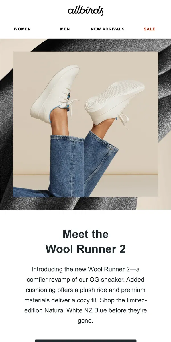 Email from Allbirds. Just Landed: The New Wool Runner 2 🔥