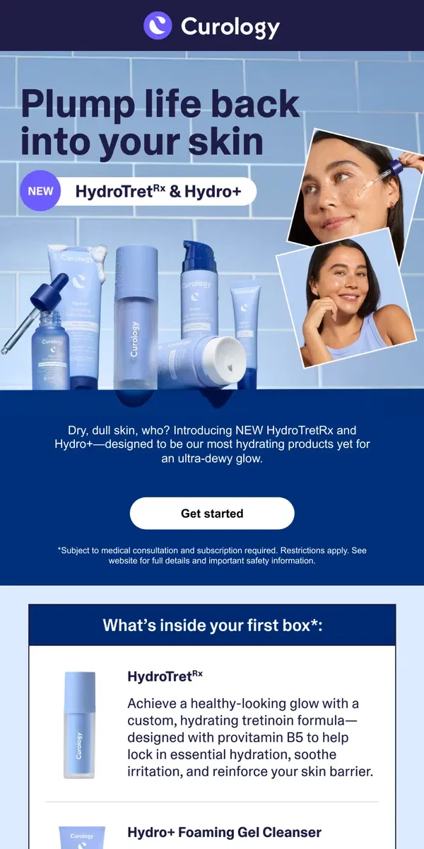 Email from Curology. New! HydroTretRx and Hydro+ 💧