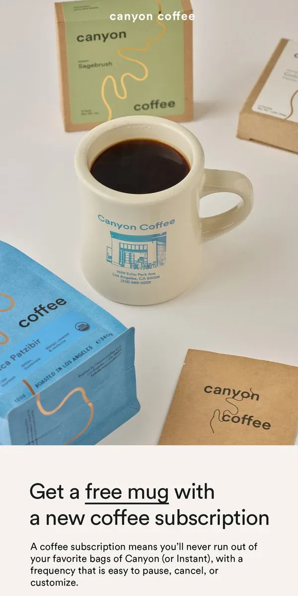 Email from Canyon Coffee. Free Mug With New Subscription