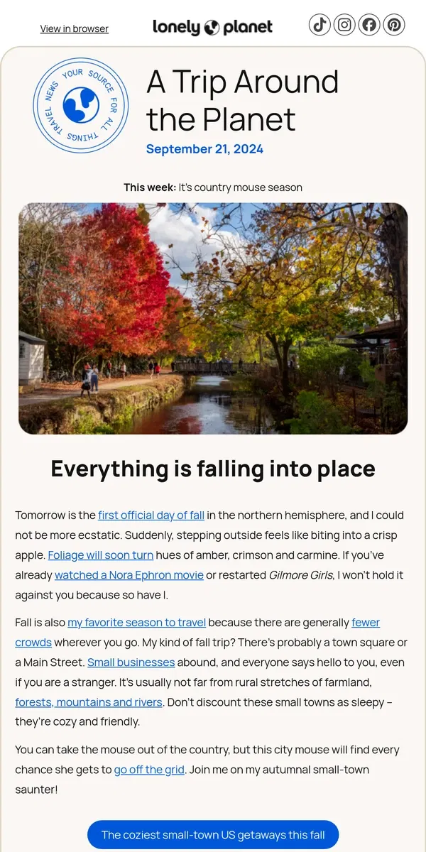 Email from Lonely Planet. Snuggly small towns to visit this fall 🍂