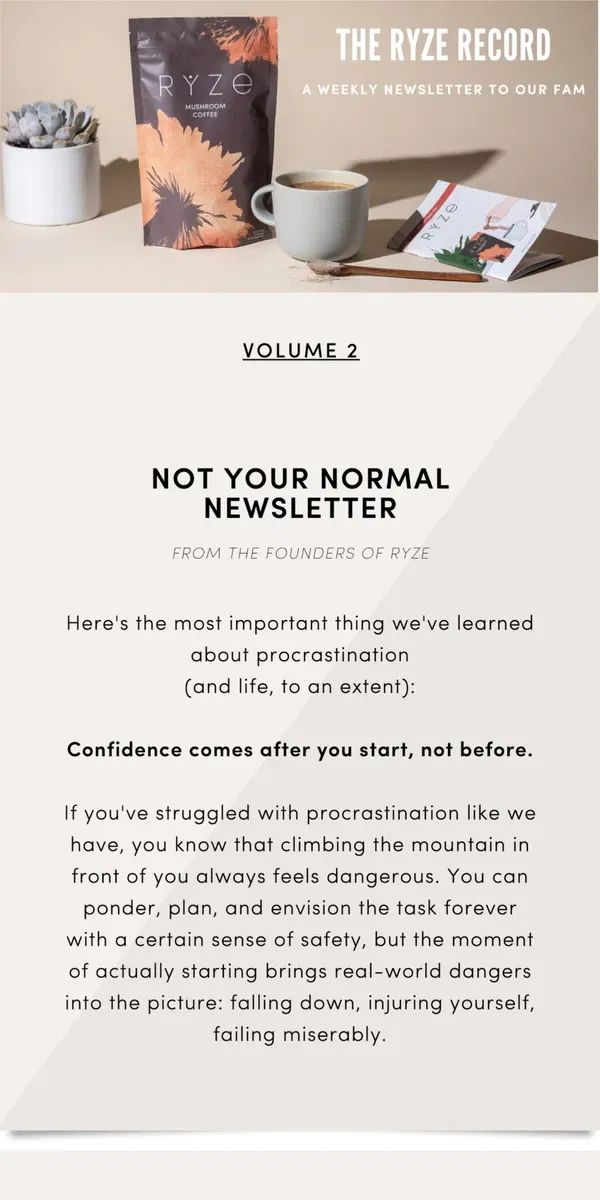 Email from RYZE Mushroom Coffee. The Key to Confidence and Ending Procrastination