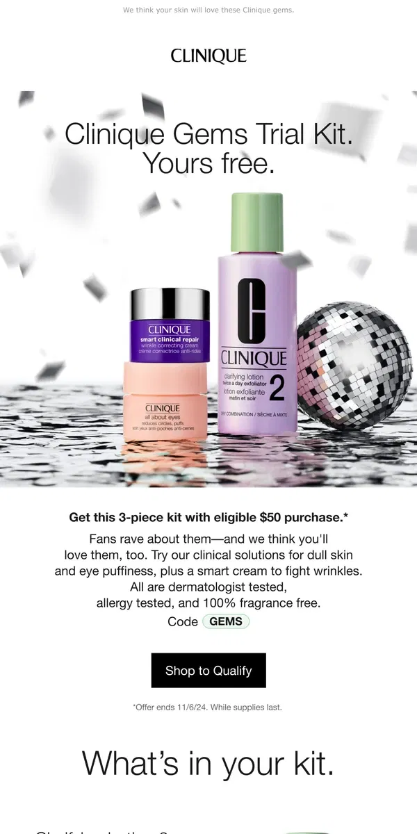 Email from Clinique. TRY THESE! 3 Clinique gems. Yours free with $50 order.