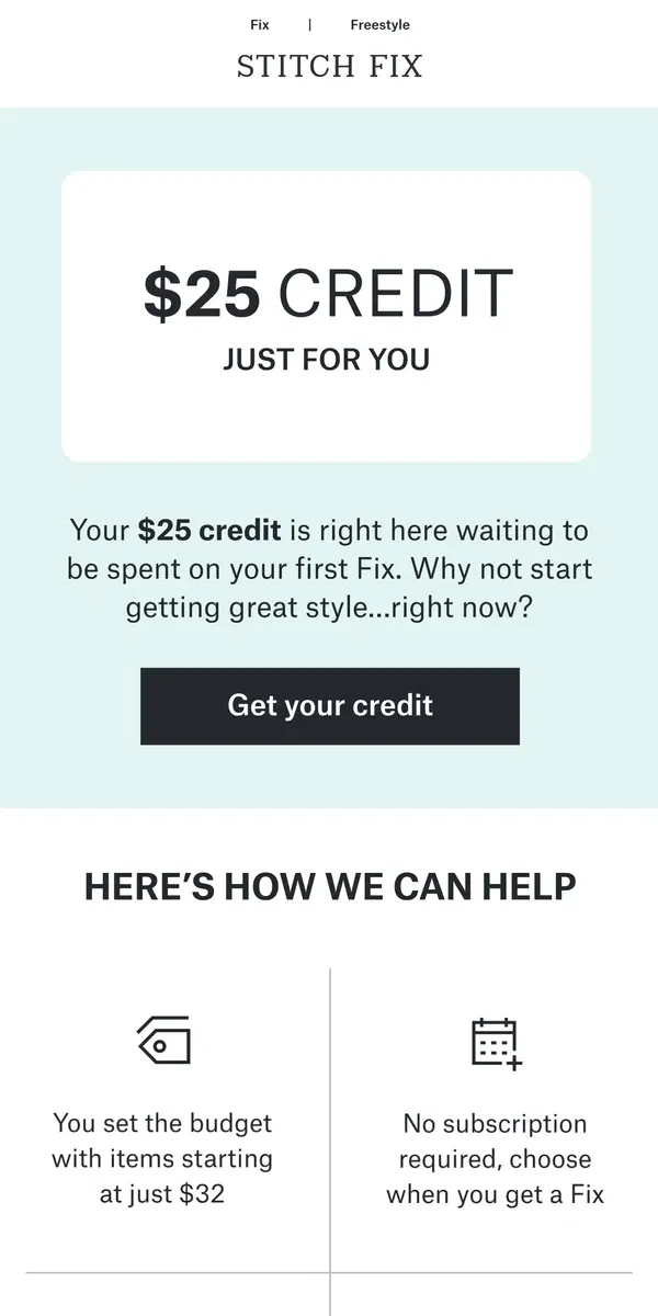 Email from Stitch Fix. [Name], get your $25 credit