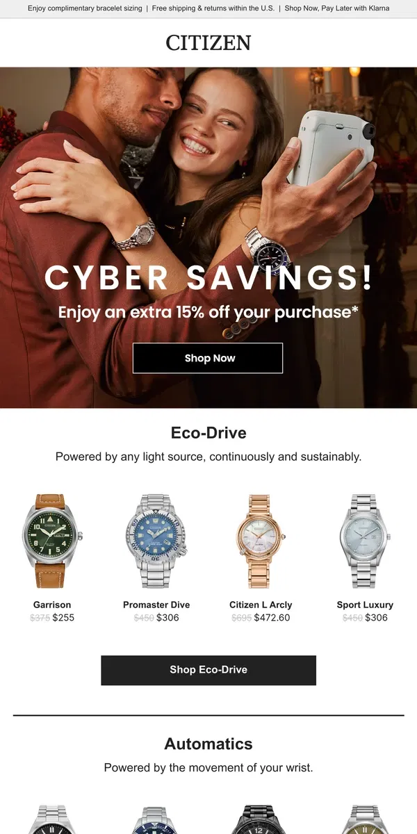 Email from Citizen Watch. Cyber Weekend Savings: Extra 15% Off Sustainably-Powered Timepieces