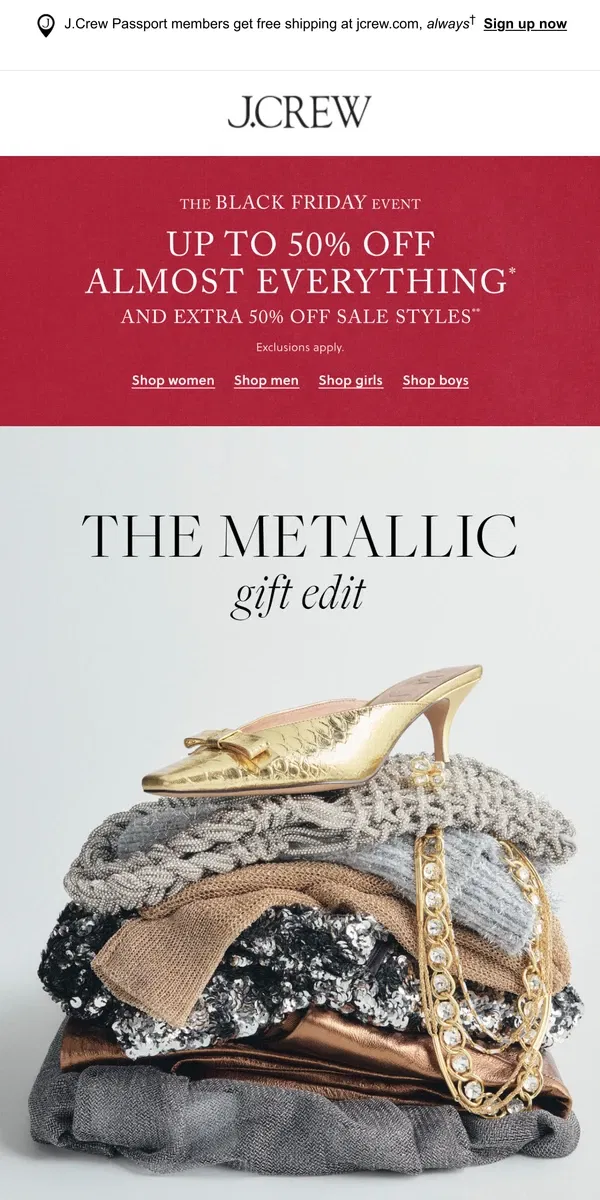 Email from J.Crew. Up to 50% off our metallic edit