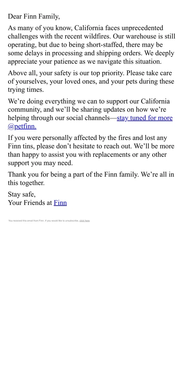 Email from Finn. California Wildfires: Shipping Delays and How We’re Helping the Community