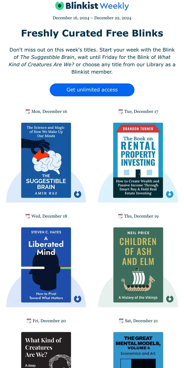 Email from Blinkist. 🗓️ The Summary: Your free reads next week