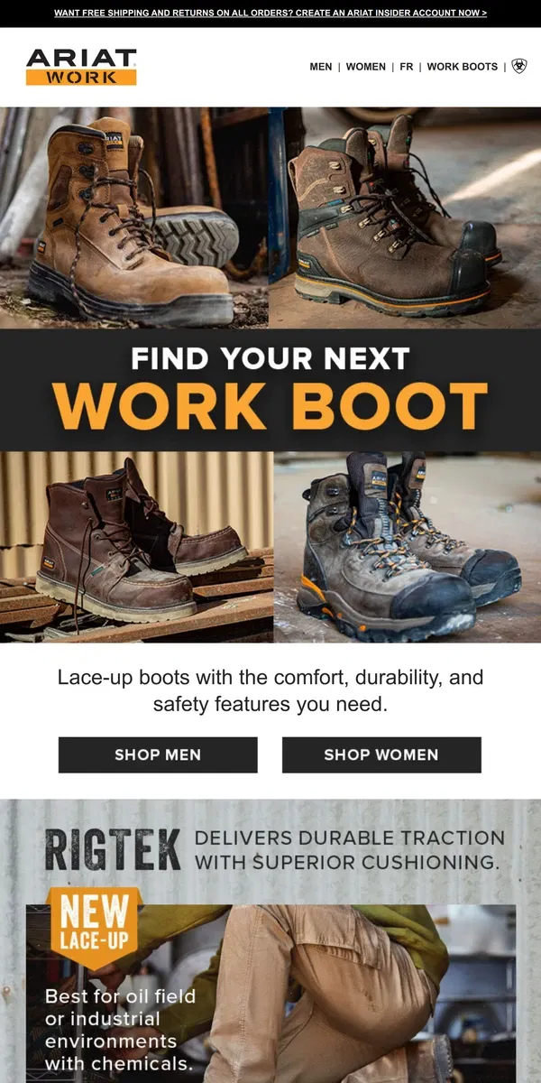 Email from Ariat. Found: Your New Favorite Work Boot ­