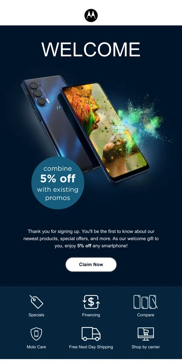 Email from Motorola. Welcome to Motorola 📱 Enjoy 5% OFF