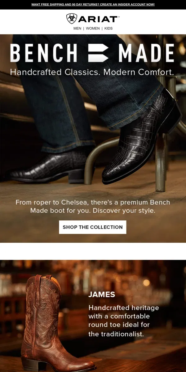 Email from Ariat. Crafted to Perfection: Bench-Made Boots