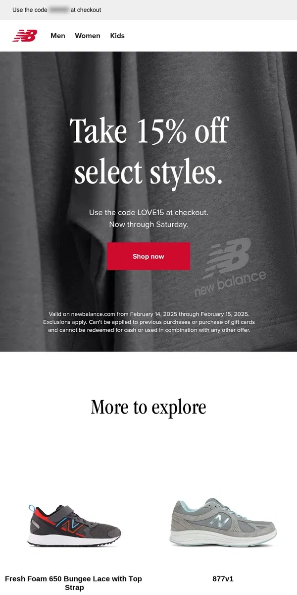 Email from New Balance. Starting today: 15% off select styles