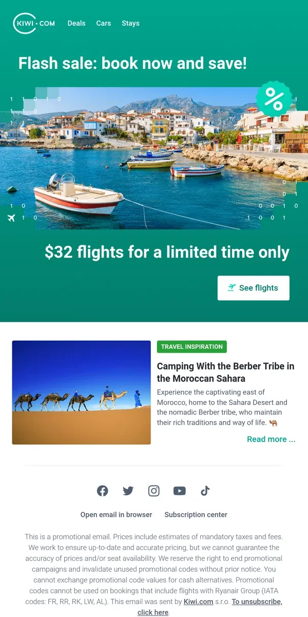 Email from Kiwi.com. You can fly from just $32 from New York to some amazing places