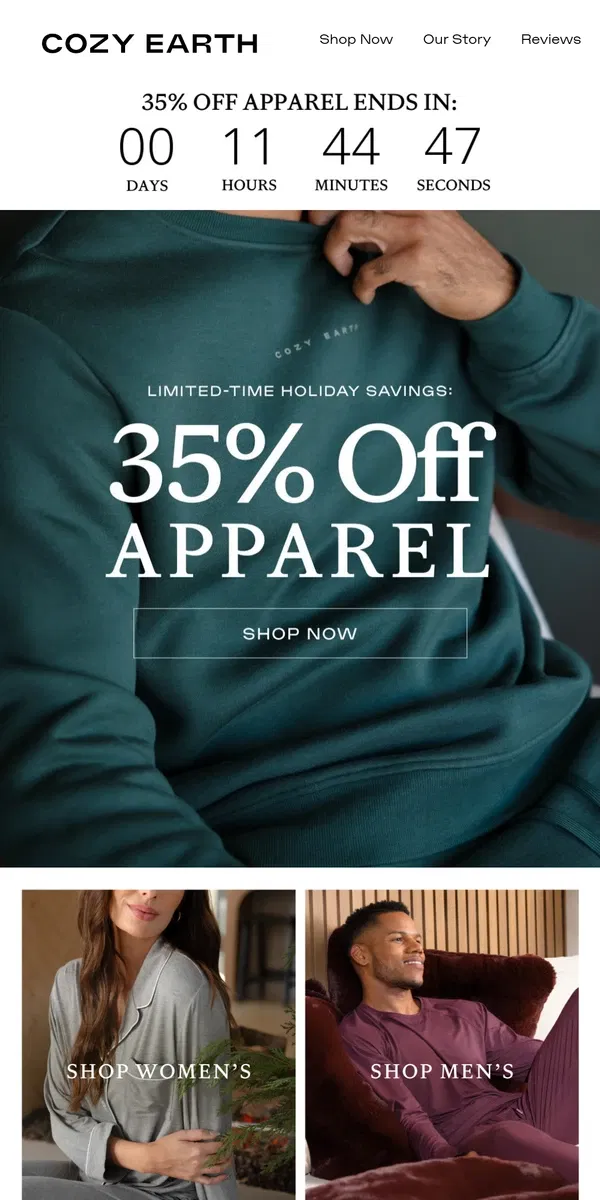 Email from Cozy Earth. 📣 Last Call For 35% Off Apparel