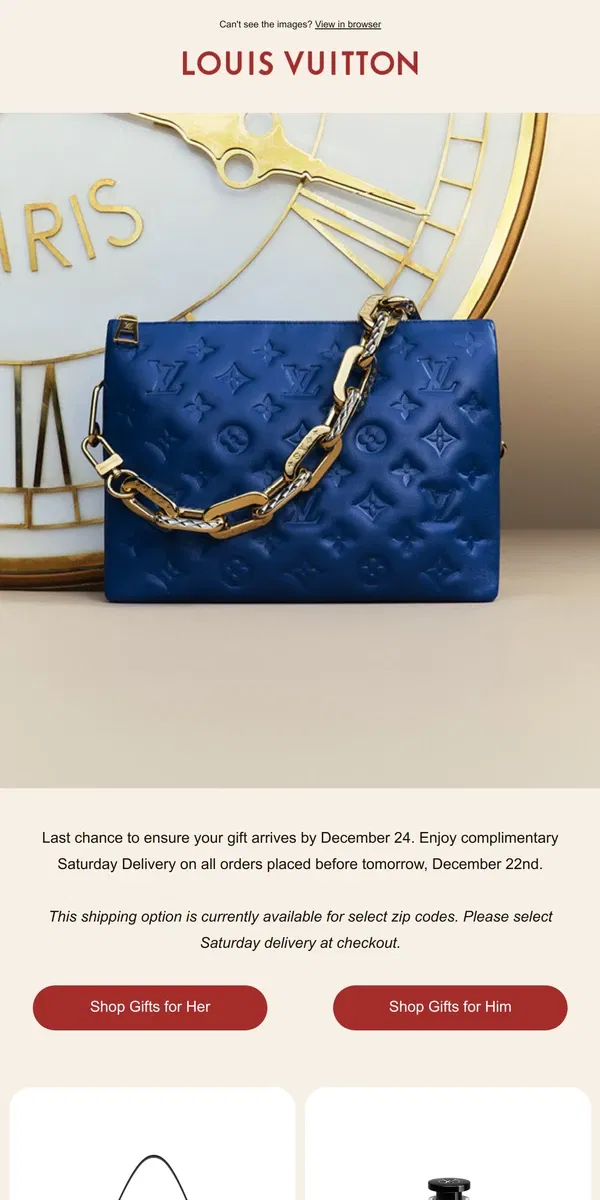 Email from Louis Vuitton. Final Hours: Free Saturday Delivery