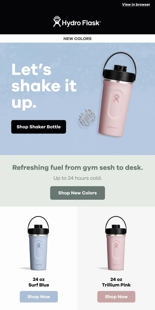 Email from Hydro Flask. NEW Shaker Bottle colors