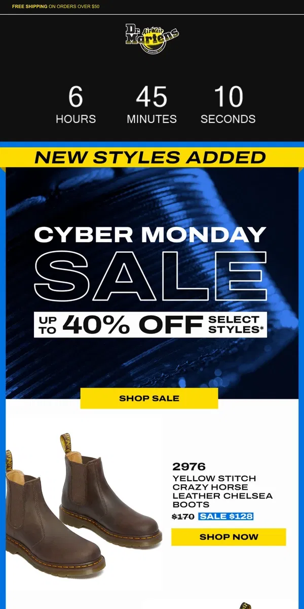 Email from Dr. Martens. ⚡️ Cyber Monday. Signature styles. Serious savings.