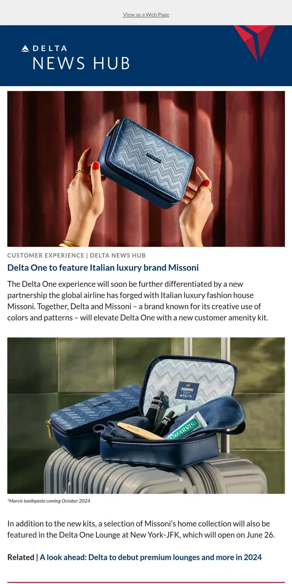 Email from Delta Air Lines. Delta One to feature Italian luxury brand Missoni