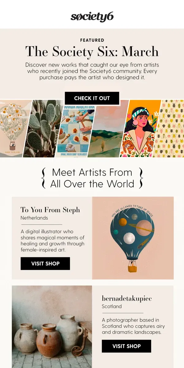 Email from Society6. ⭐️ Discover Best New Artists of the Month