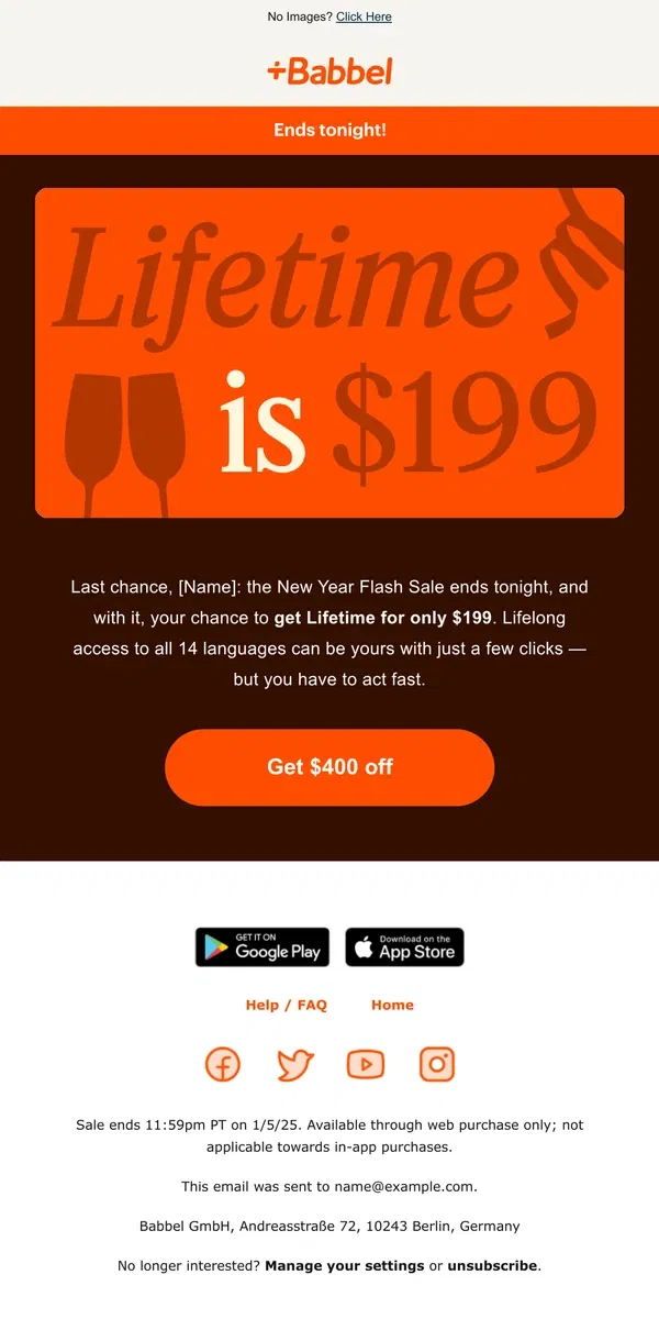 Email from Babbel. 🔔 Last call: get Lifetime for $199 — ends tonight!