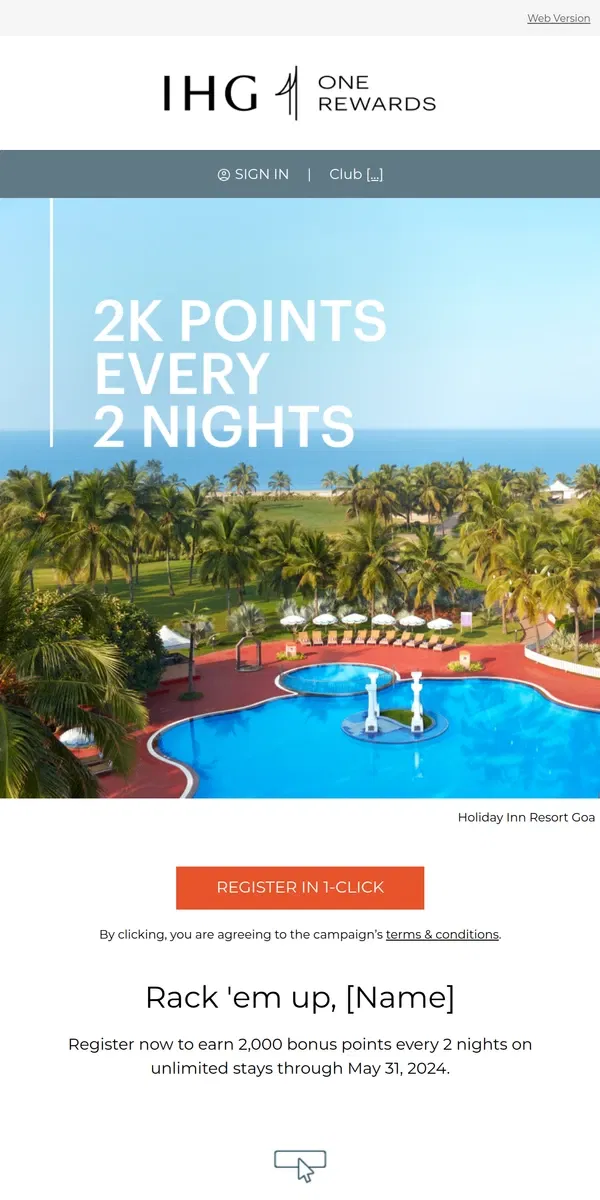 Email from IHG Hotels & Resorts. Register now to earn extra till 5/31/24