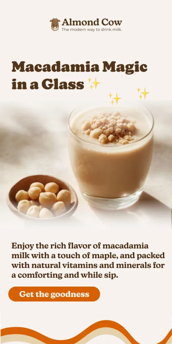 Email from Almond Cow. 🥛 From Kitchen to Glass – Macadamia Milk with a Maple Twist! 🌰