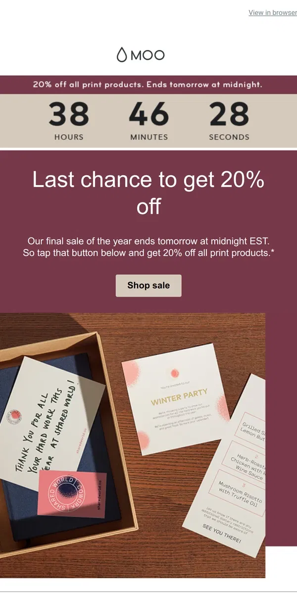 Email from MOO. 📅 2023 ends soon. And 20% off ends tomorrow.