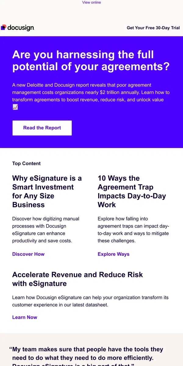 Email from DocuSign. NEW! Docusign & Deloitte Report: Unlocking the Value of Agreement Management