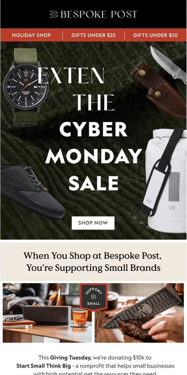 Email from Bespoke Post. Deals Continue + Giving Tuesday