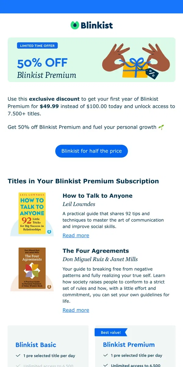 Email from Blinkist. [50% off] Become your best self with Blinkist Premium