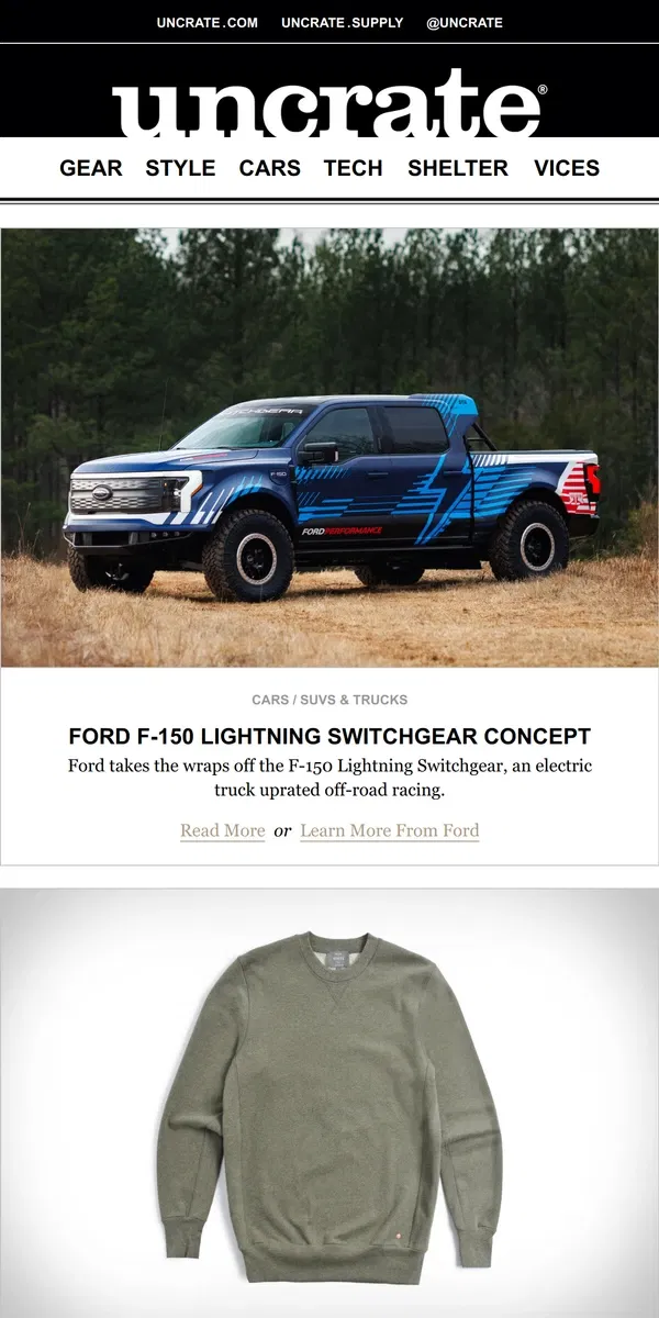 Email from Uncrate. Ford F-150 Lightning Switchgear Concept & more