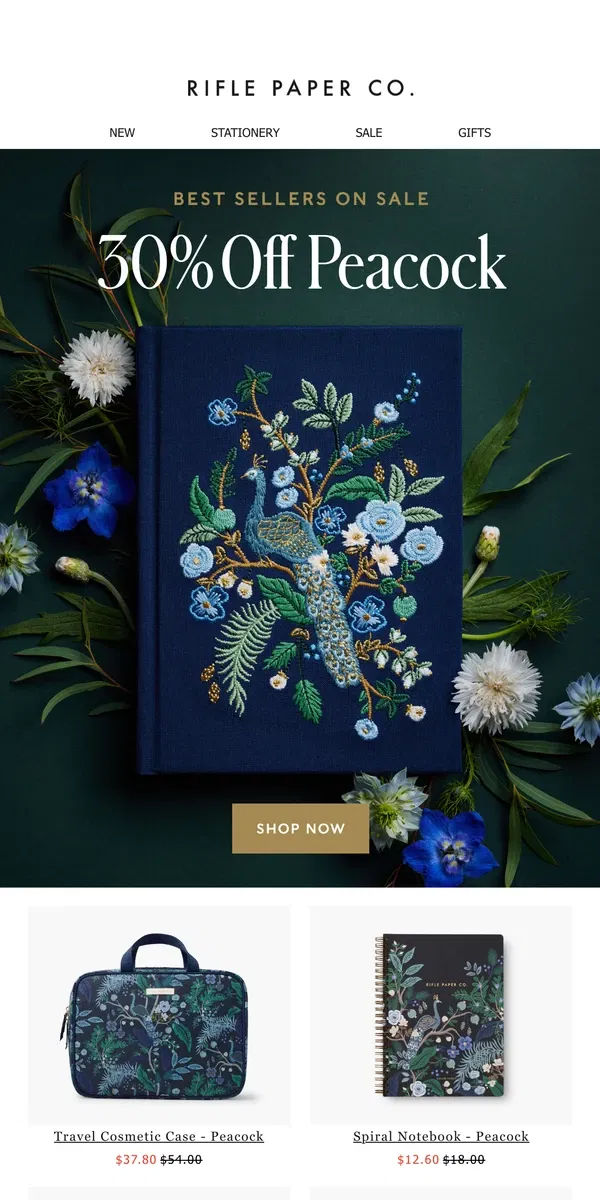 Email from Rifle Paper Co.. 30% off Peacock