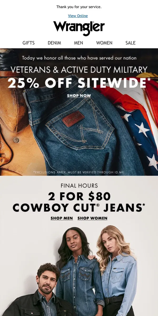 Email from Wrangler. Honoring those who have served our nation