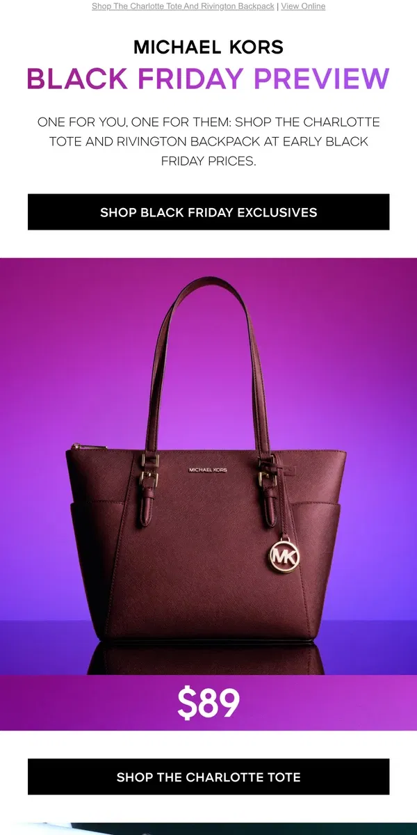 Email from Michael Kors. Black Friday Preview: Bestselling Styles From $89