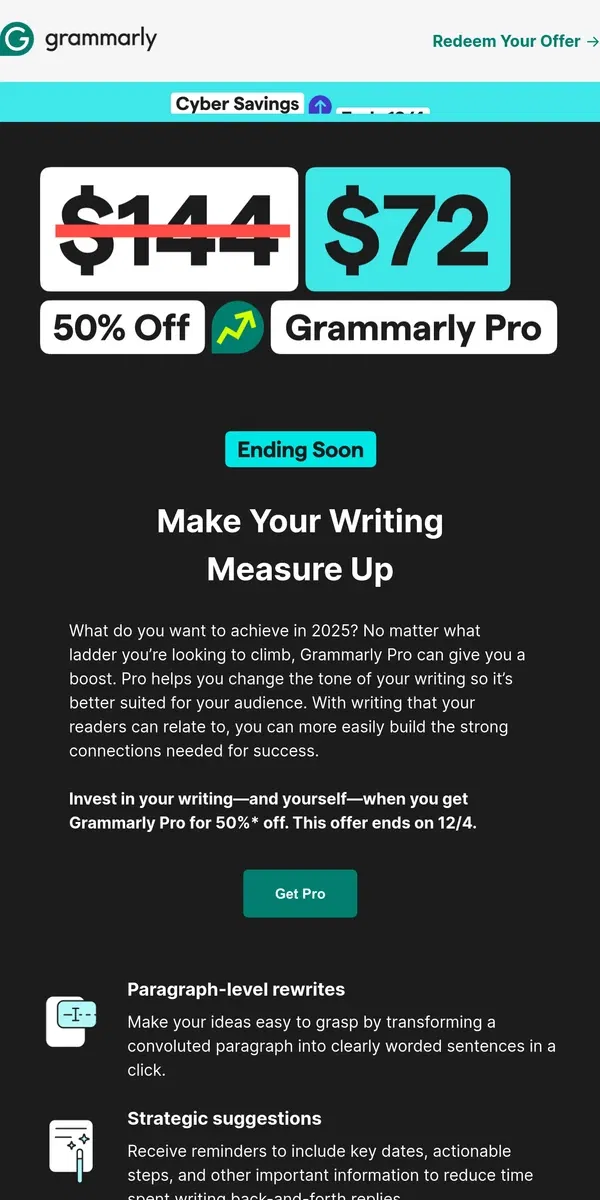 Email from Grammarly. Cyber Savings start now! Get 50% off Grammarly Pro