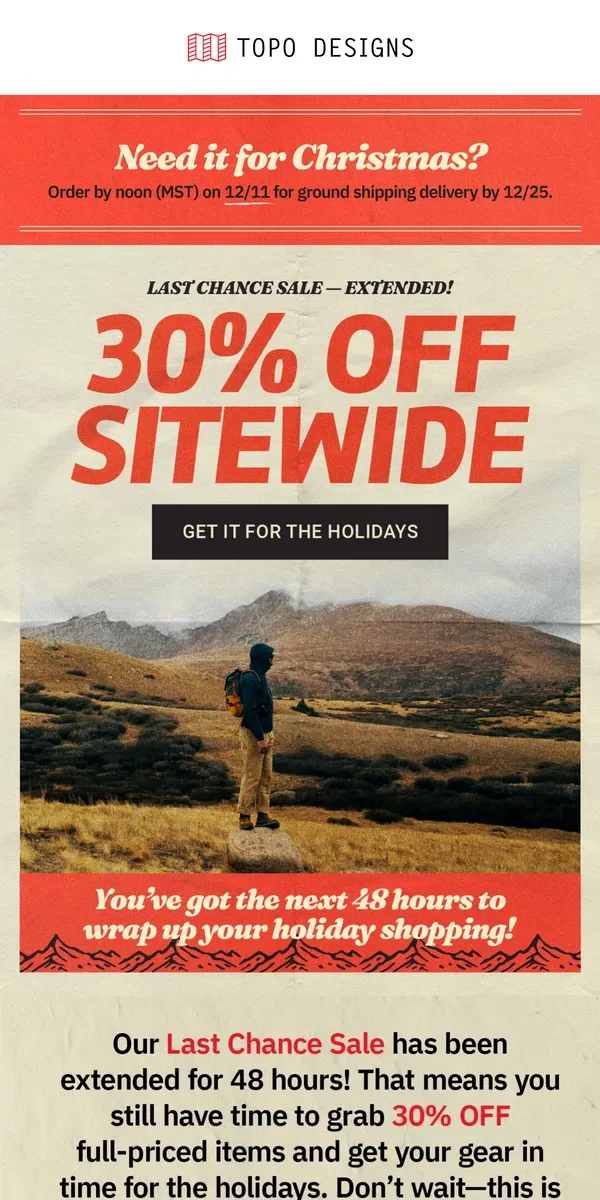 Email from Topo Designs. 48 Hours Only - Last Chance Sale Extended