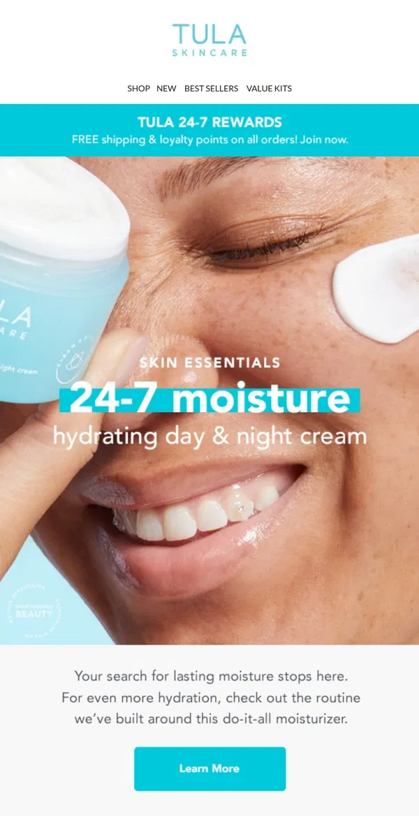 Email from TULA Skincare. How 24-7 Moisture does more for you