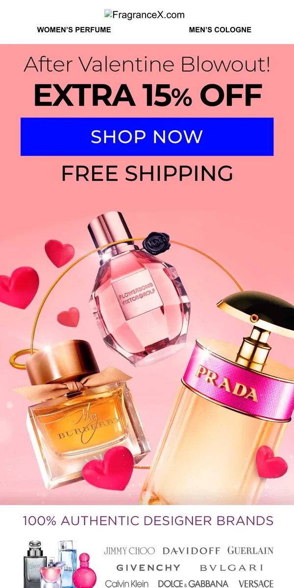 Email from FragranceX. After Valentine Blowout! Extra 15% Off   Gucci